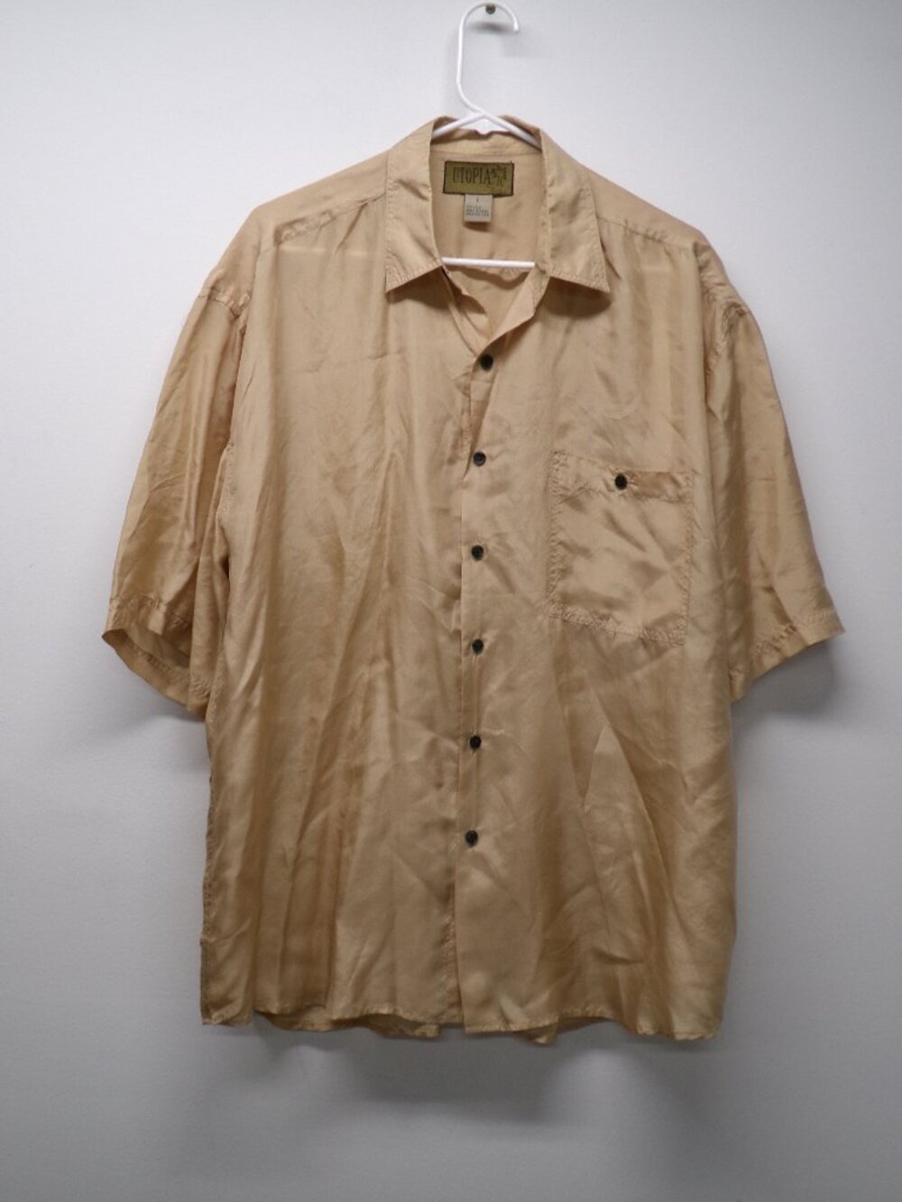 Vintage Utopia 80-90s Tan 100% Silk Short Sleeve Button Front Shirt Men's sz L